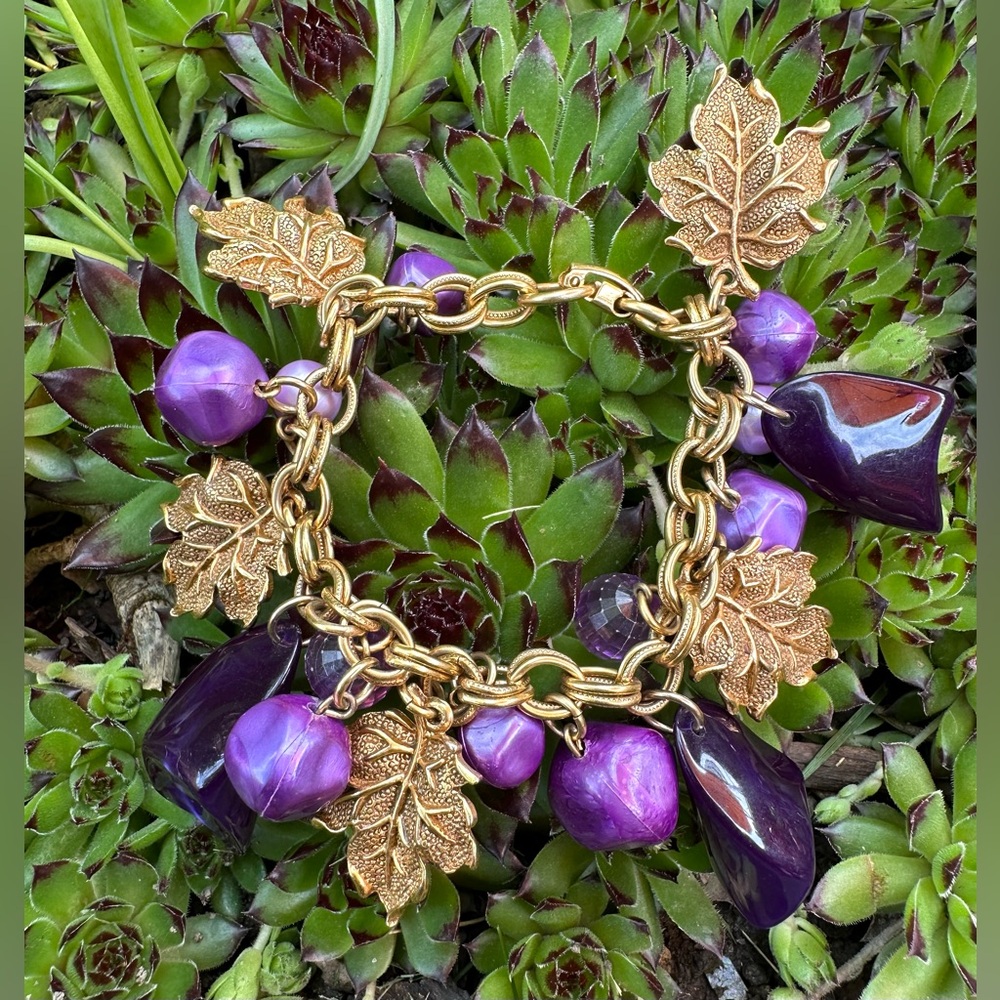 1960's Violet Femme Fantastic Purple Lucite and Gold Leaf Charm Bracelet